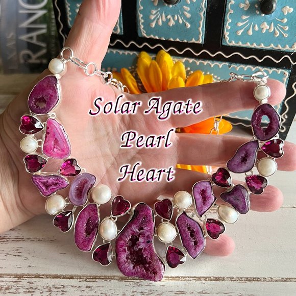 Solar Agate Pearl Heart Necklace Handmade Stone Gemstone 925 Silver Large Ethnic - Picture 14 of 15